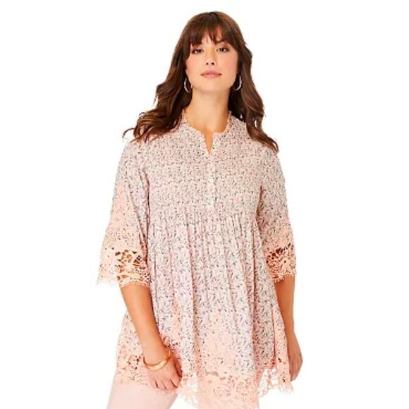 Roaman's Women's Plus Size Embroidered Lace Smocked Blouse Size 18W NWOT - Picture 1 of 11
